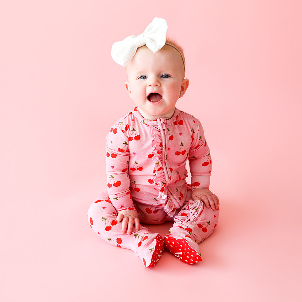 Very Cherry Footie Ruffled Zippered One Piece