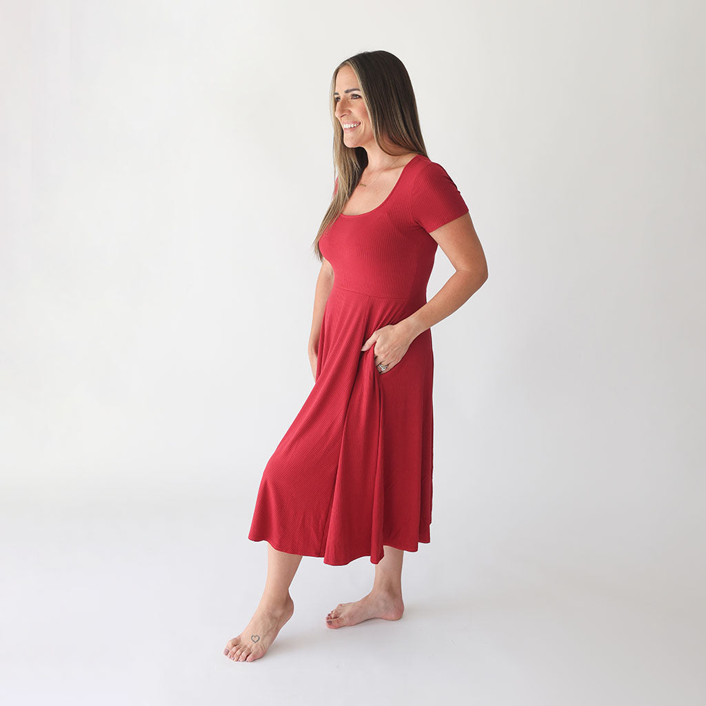 Dark Red Ribbed Women's Scoop Midi Dress
