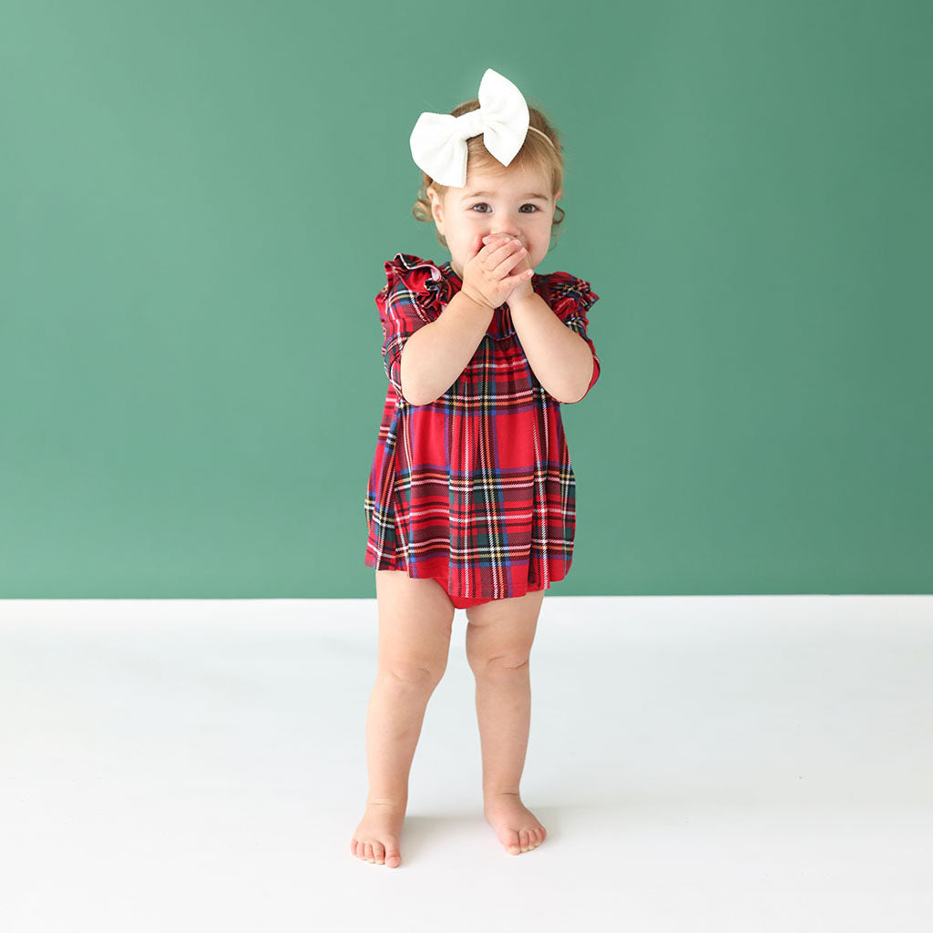 Red Tartan Plaid 3/4 Sleeve Flutter Dress Bummie Set