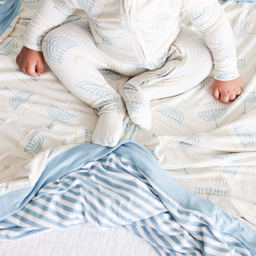 Happy Hanukkah & Menorah Blue Stripe Luxe Patoo® Blanket