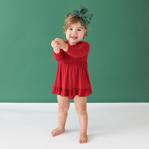 Dark Red Ribbed Long Sleeve Ruffled Bodysuit Dress