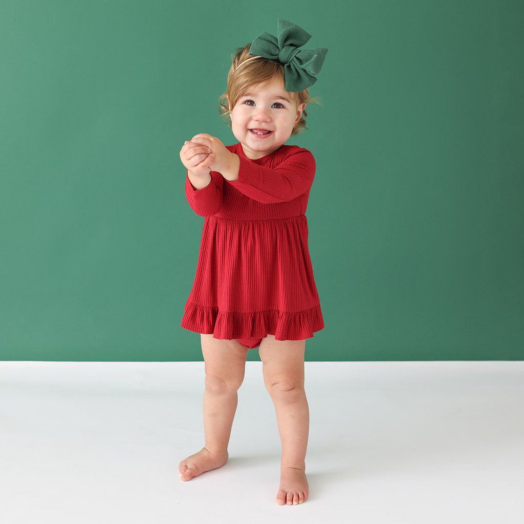 Dark Red Ribbed Long Sleeve Ruffled Bodysuit Dress