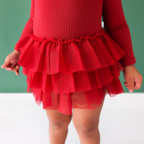 Dark Red Ribbed Long Sleeve Tulle Skirt Bodysuit Dress
