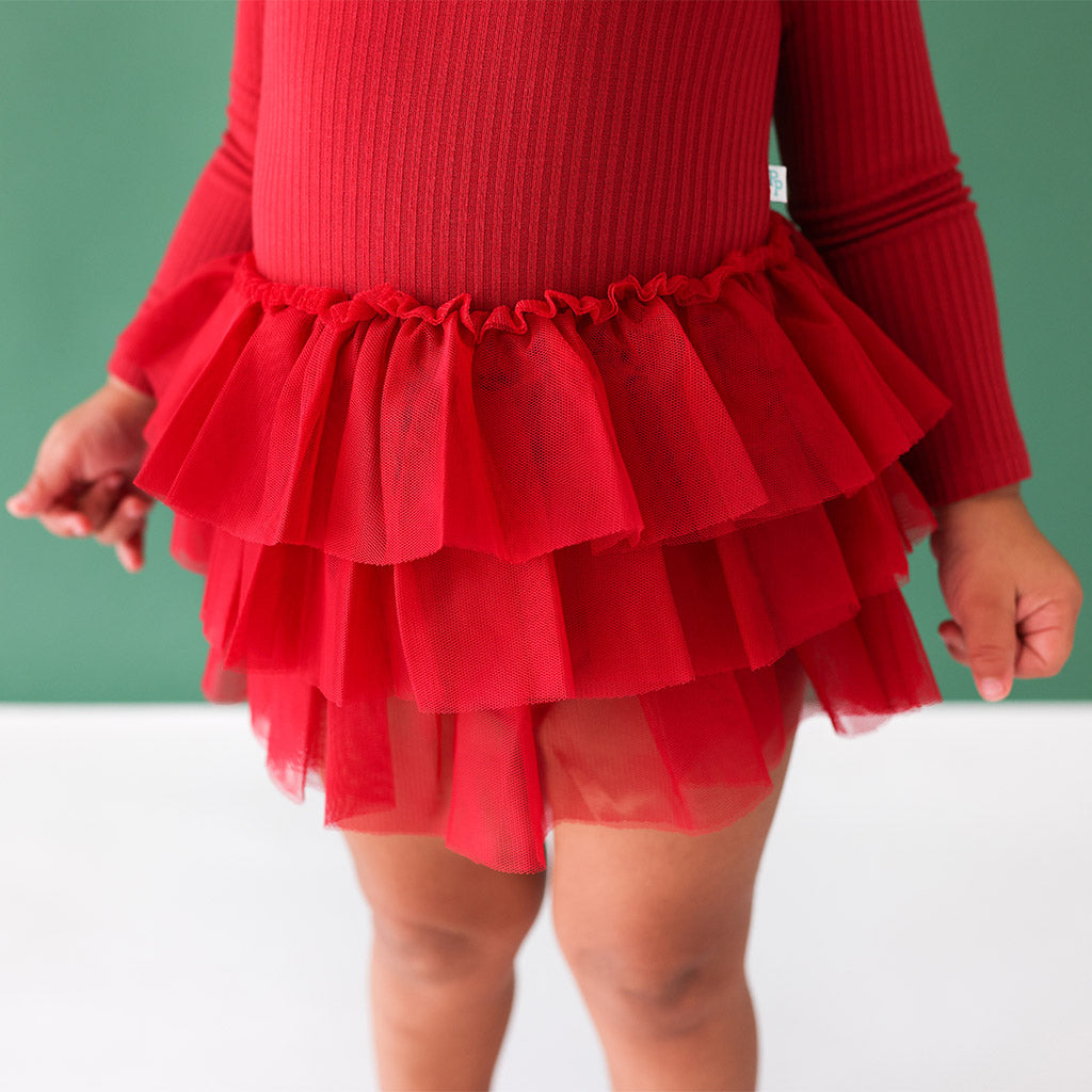 Dark Red Ribbed Long Sleeve Tulle Skirt Bodysuit Dress