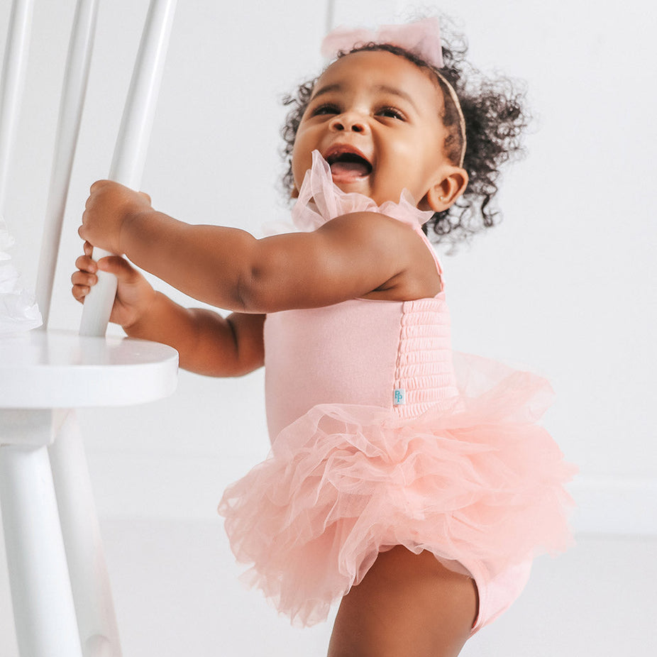 Starry Pink Tulle Smocked Bodysuit Dress
