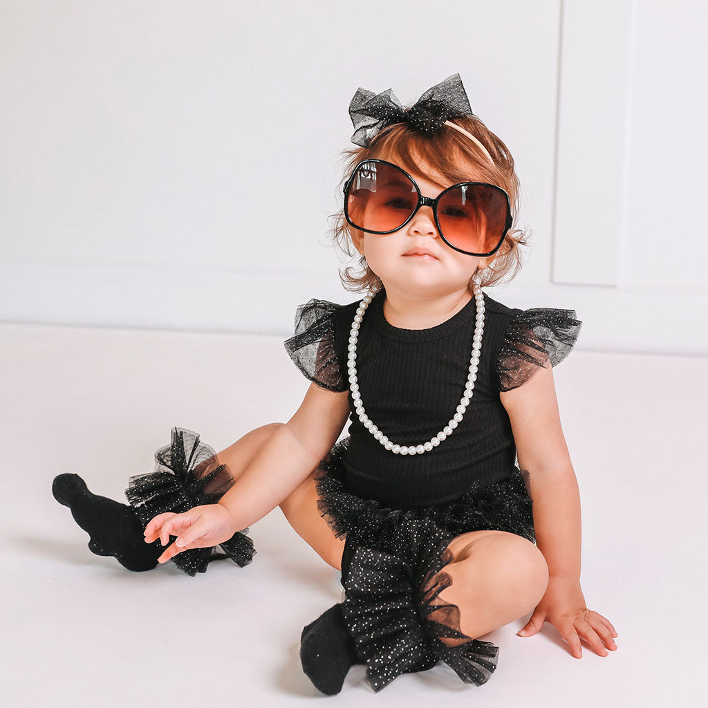 Black Ribbed Tulle Sleeve Ruffled Back Bodysuit