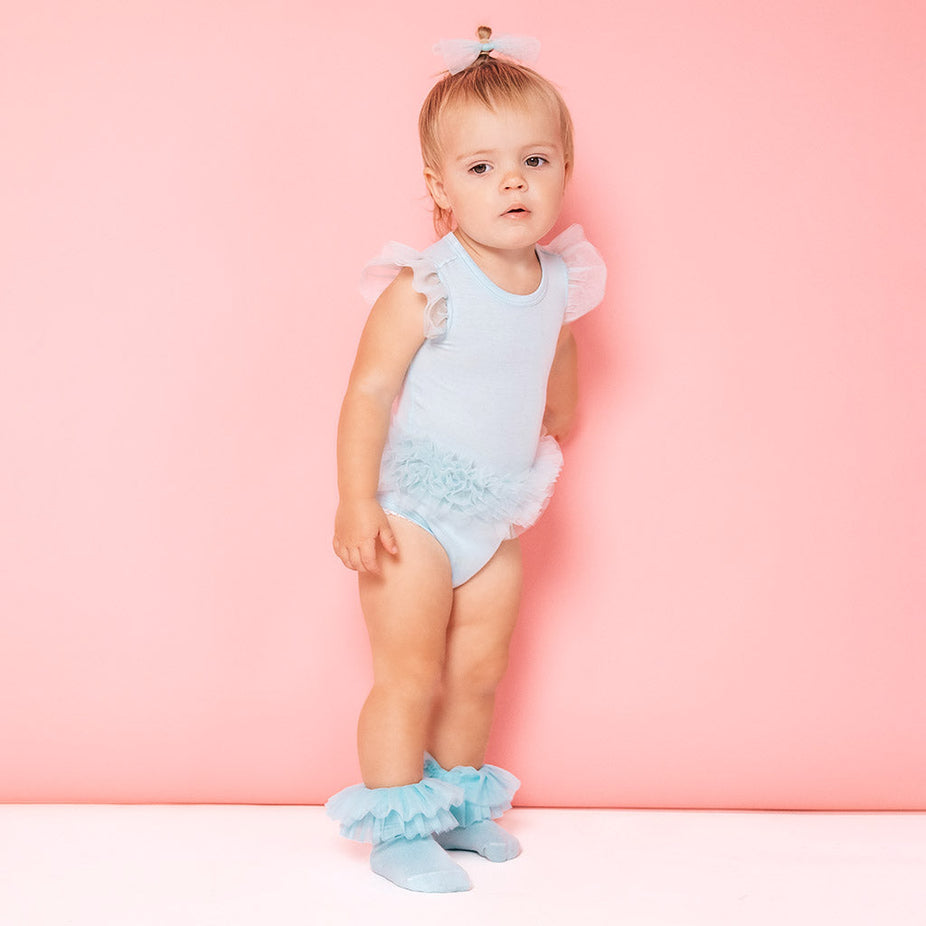 Starry Blue Tulle Sleeve Ruffled Back Bodysuit