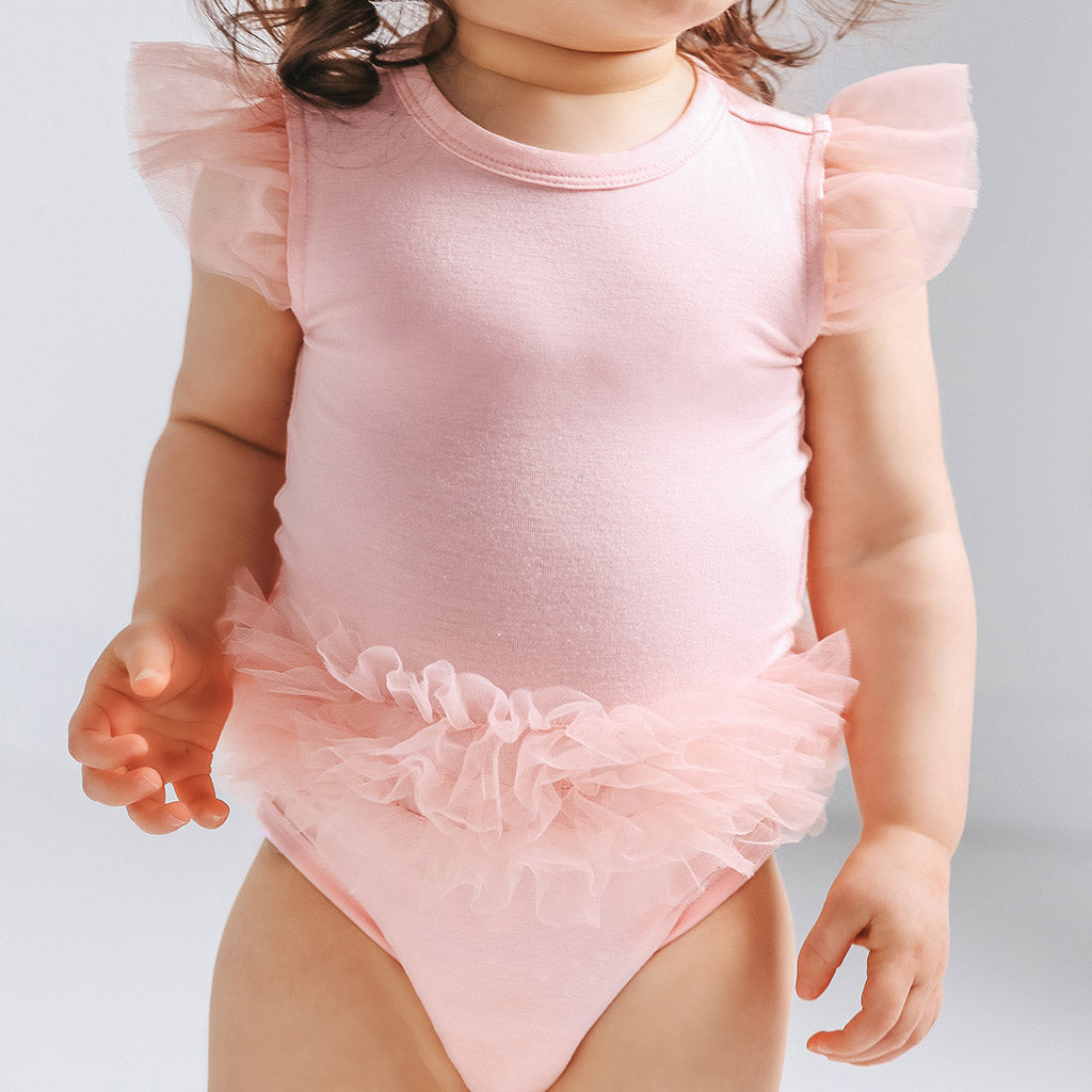 Starry Pink Tulle Sleeve Ruffled Back Bodysuit