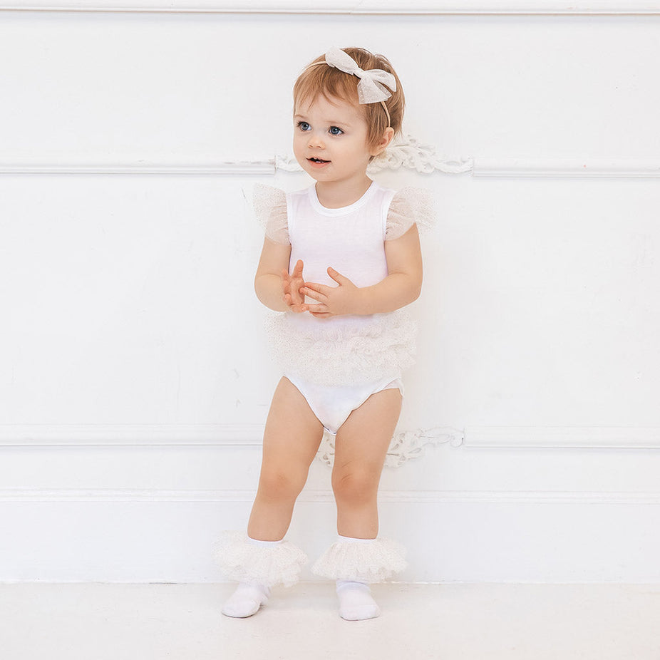 White Tulle Sleeve Ruffled Back Bodysuit
