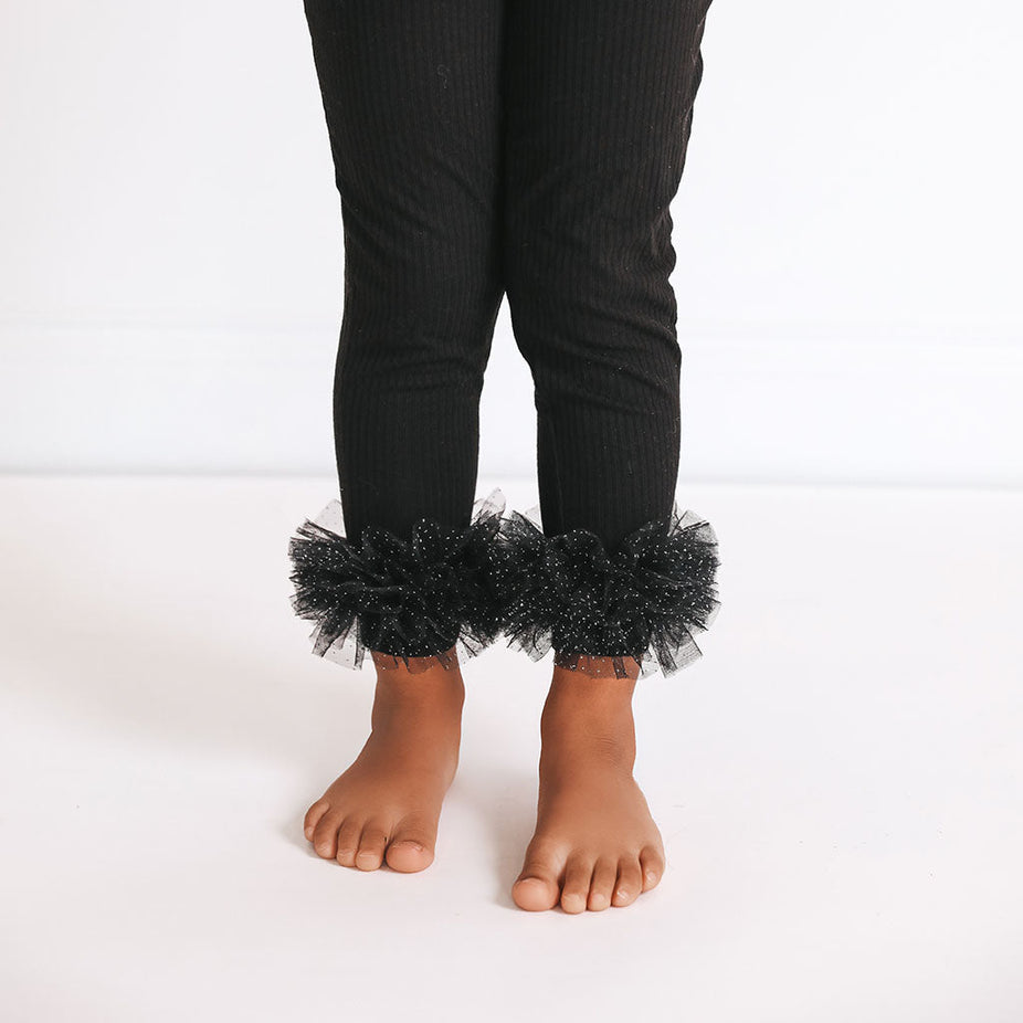 Black Ribbed Tulle Ruffled Leggings