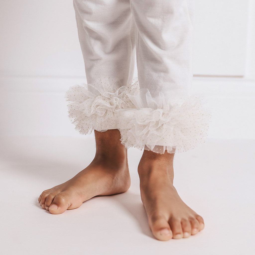 White Tulle Ruffled Leggings