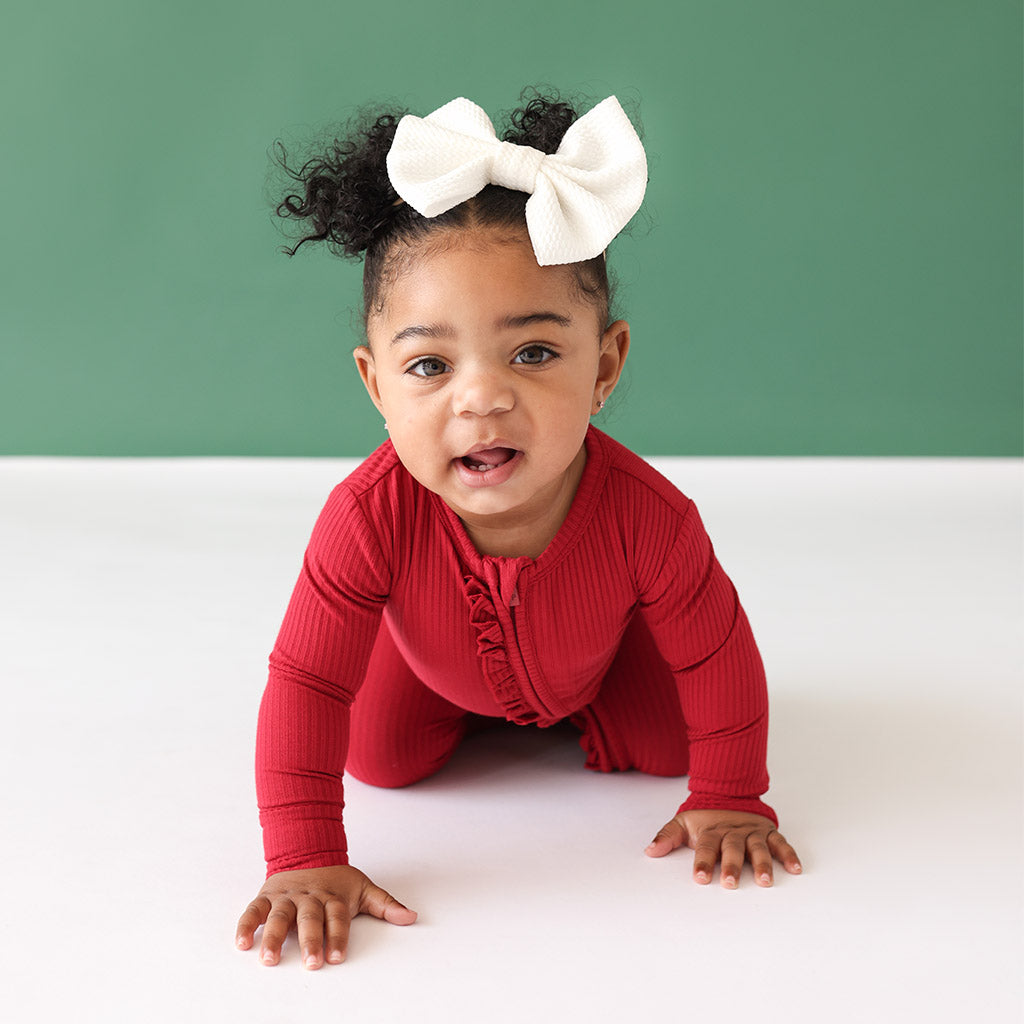 Dark Red Ribbed Footie Ruffled Zippered One Piece