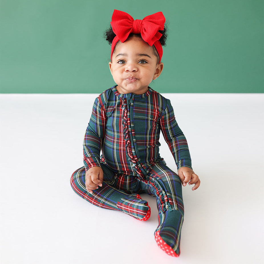 Tartan Plaid Footie Ruffled Zippered One Piece
