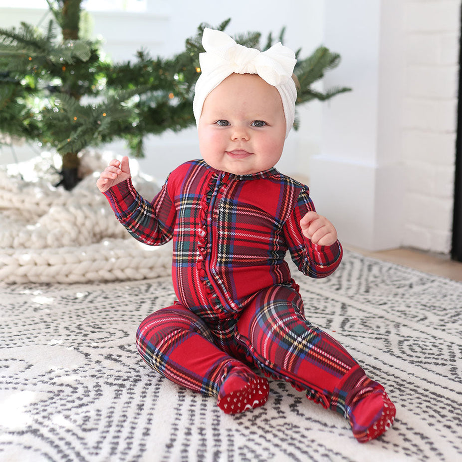 Red Tartan Plaid Footie Ruffled Zippered One Piece