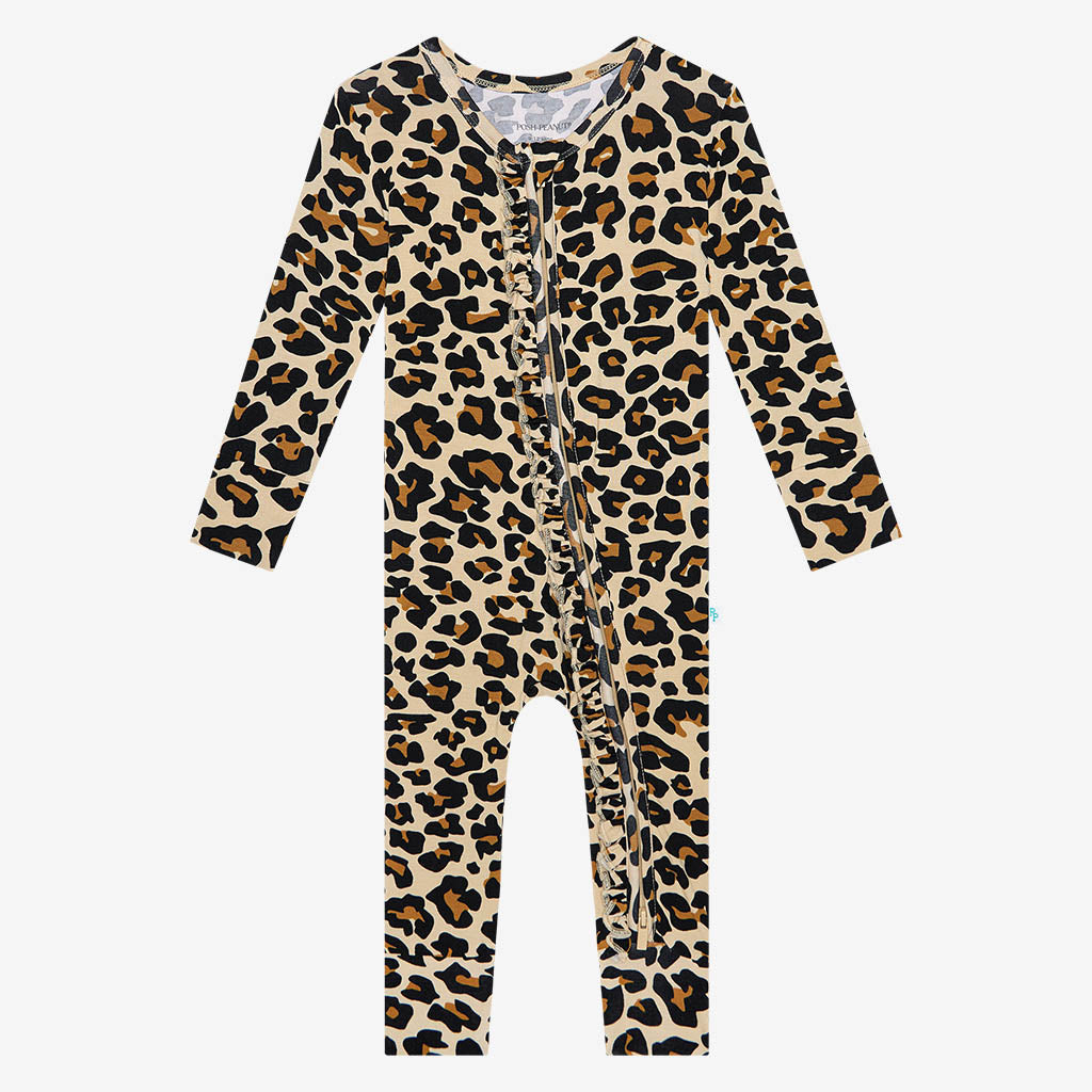 Lana Leopard Tan Footless Ruffled Zippered One Piece