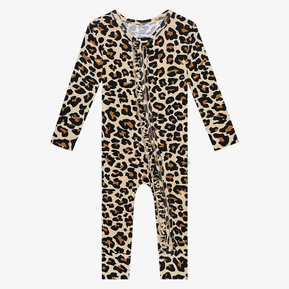 Lana Leopard Tan Footless Ruffled Zippered One Piece