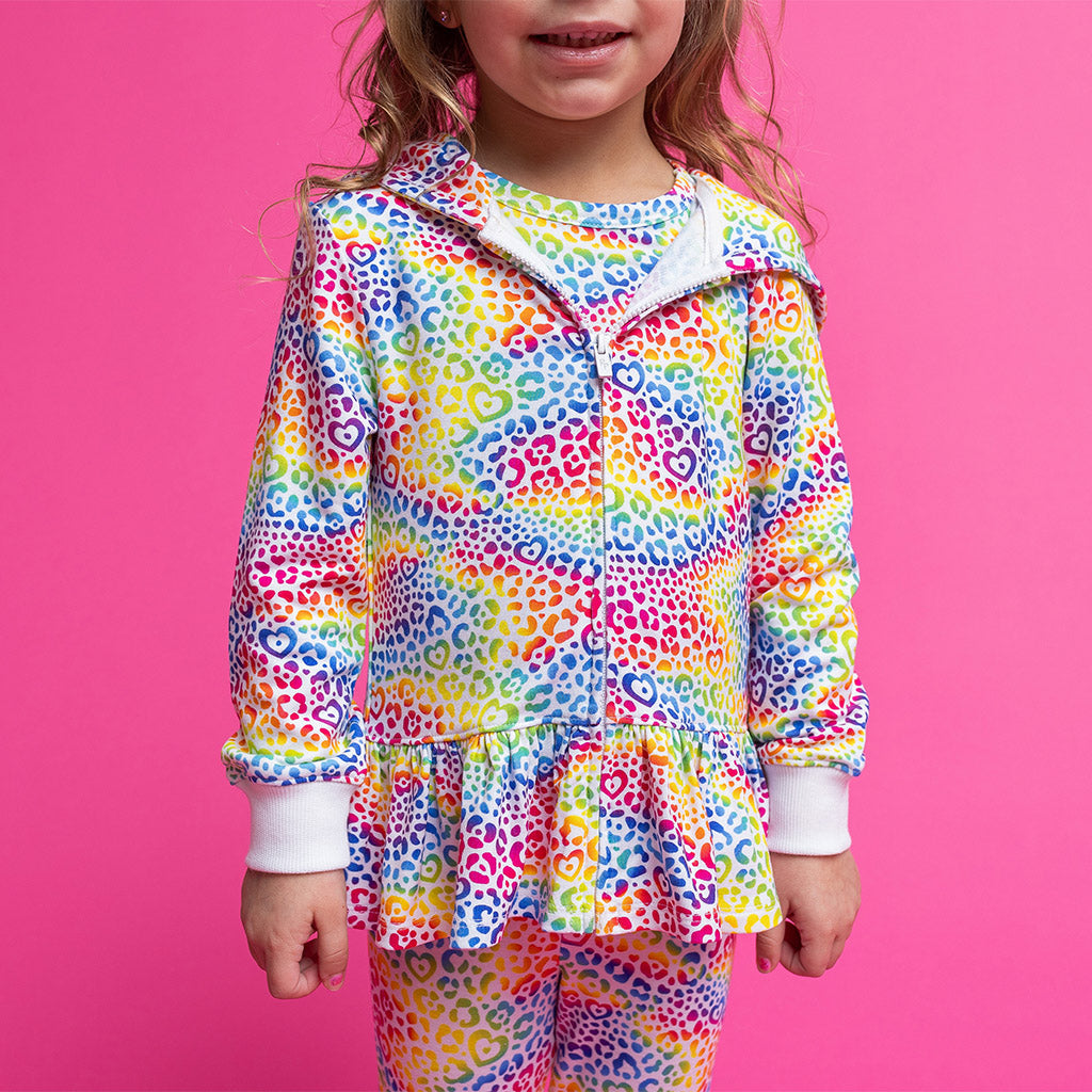 Lisa Frank® I Love Rainbow Leopard French Terry Long Sleeve Ruffled Zippered Hoodie