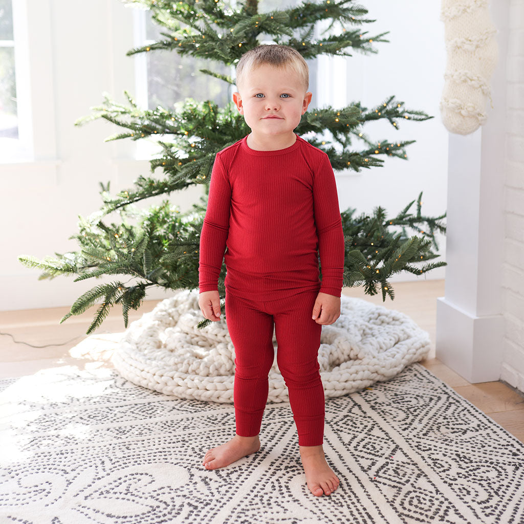 Dark Red Ribbed Classic Pajama Set