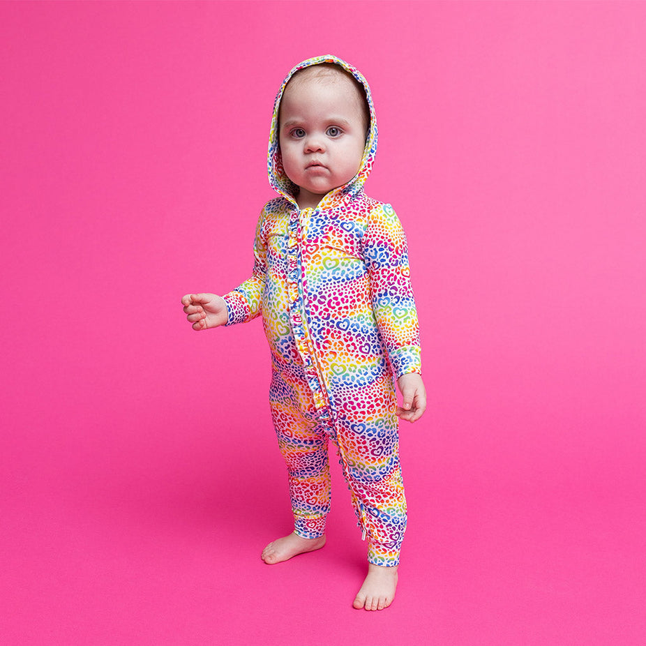 Lisa Frank® I Love Rainbow Leopard French Terry Hooded Ruffle Romper