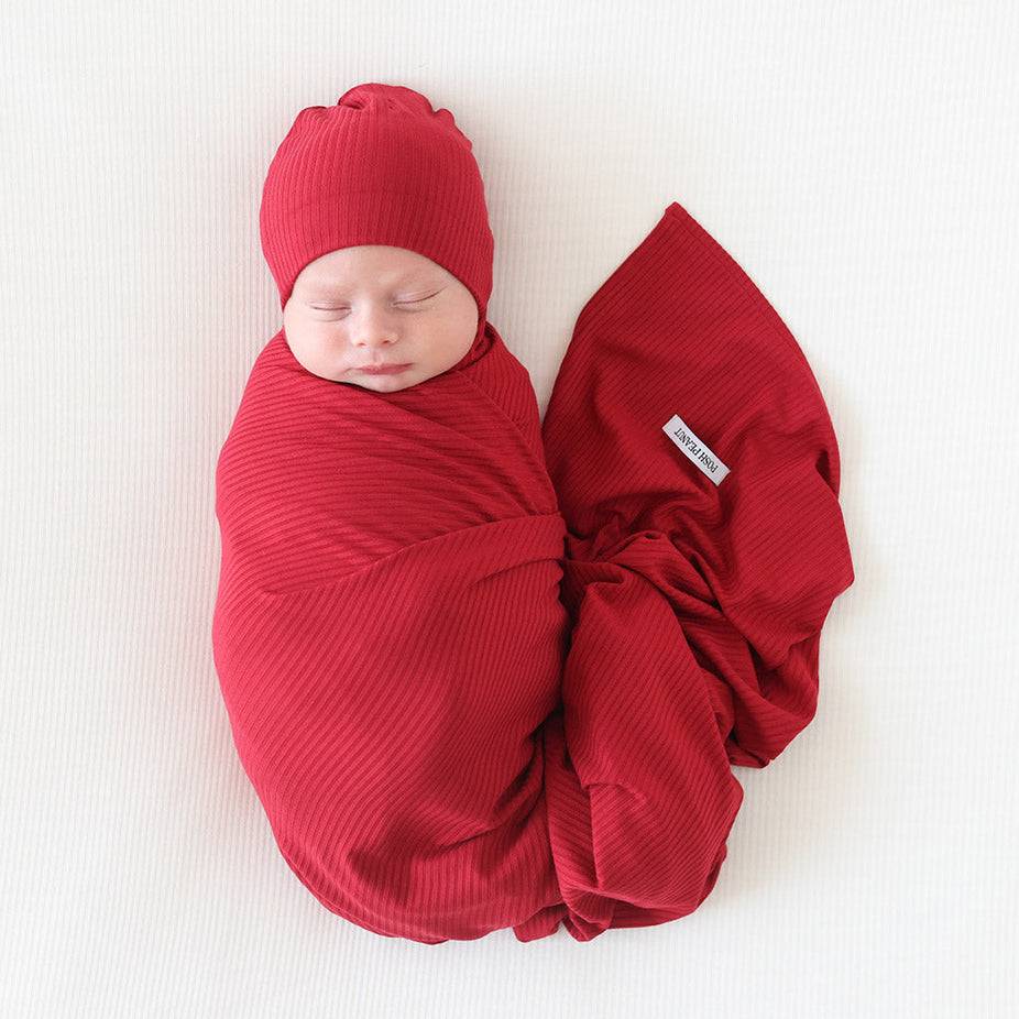 Dark Red Ribbed Swaddle Beanie Set