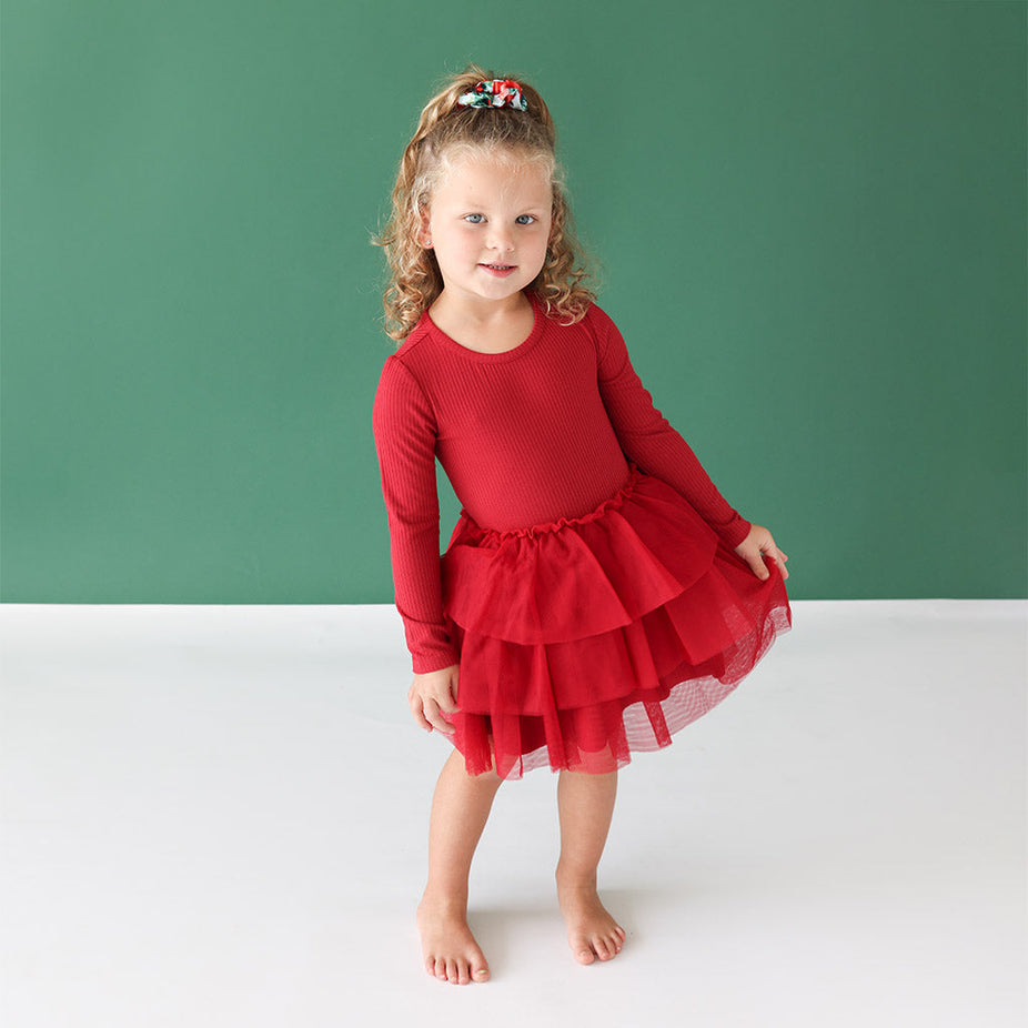 Dark Red Ribbed Long Sleeve Tulle Dress