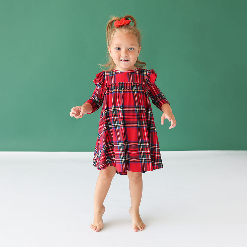 Red Tartan Plaid 3/4 Sleeve Flutter Dress