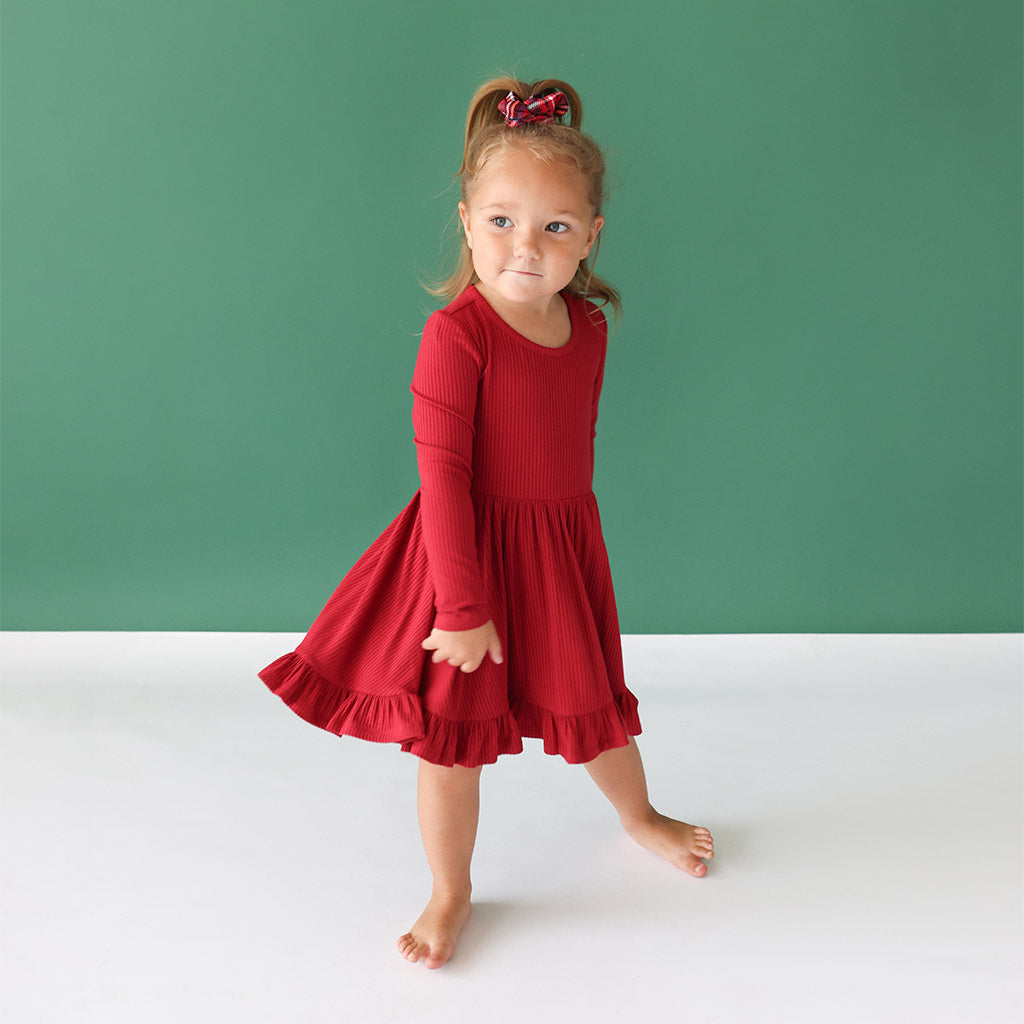 Dark Red Ribbed Long Sleeve Ruffled Twirl Dress