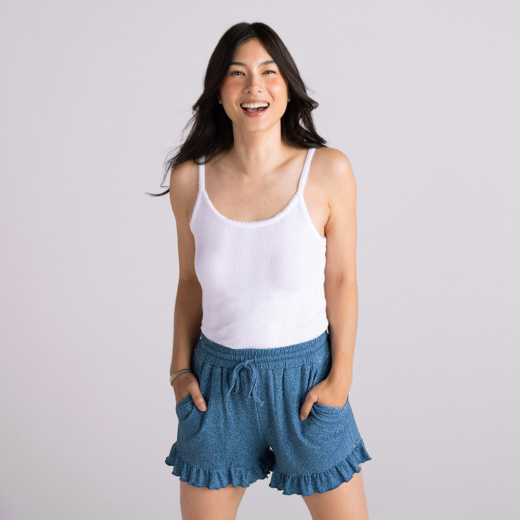 Indigo Denim Women's French Terry Ruffled Shorts