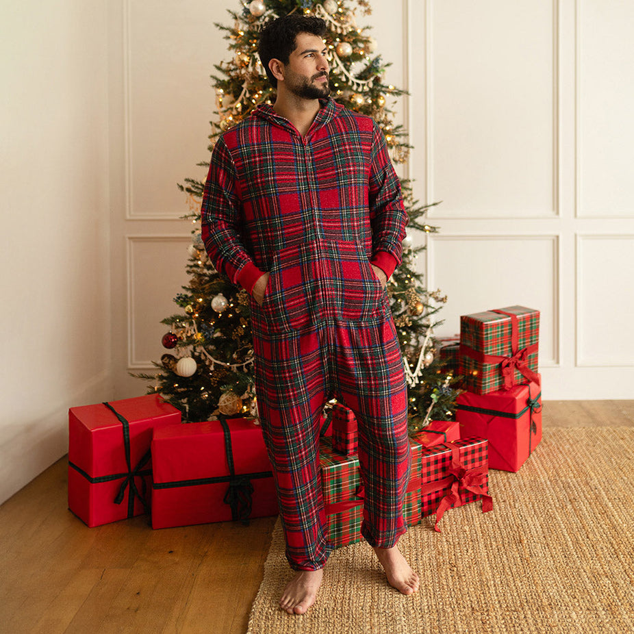 Red Tartan Plaid Men's Pacci Hooded Jumpsuit