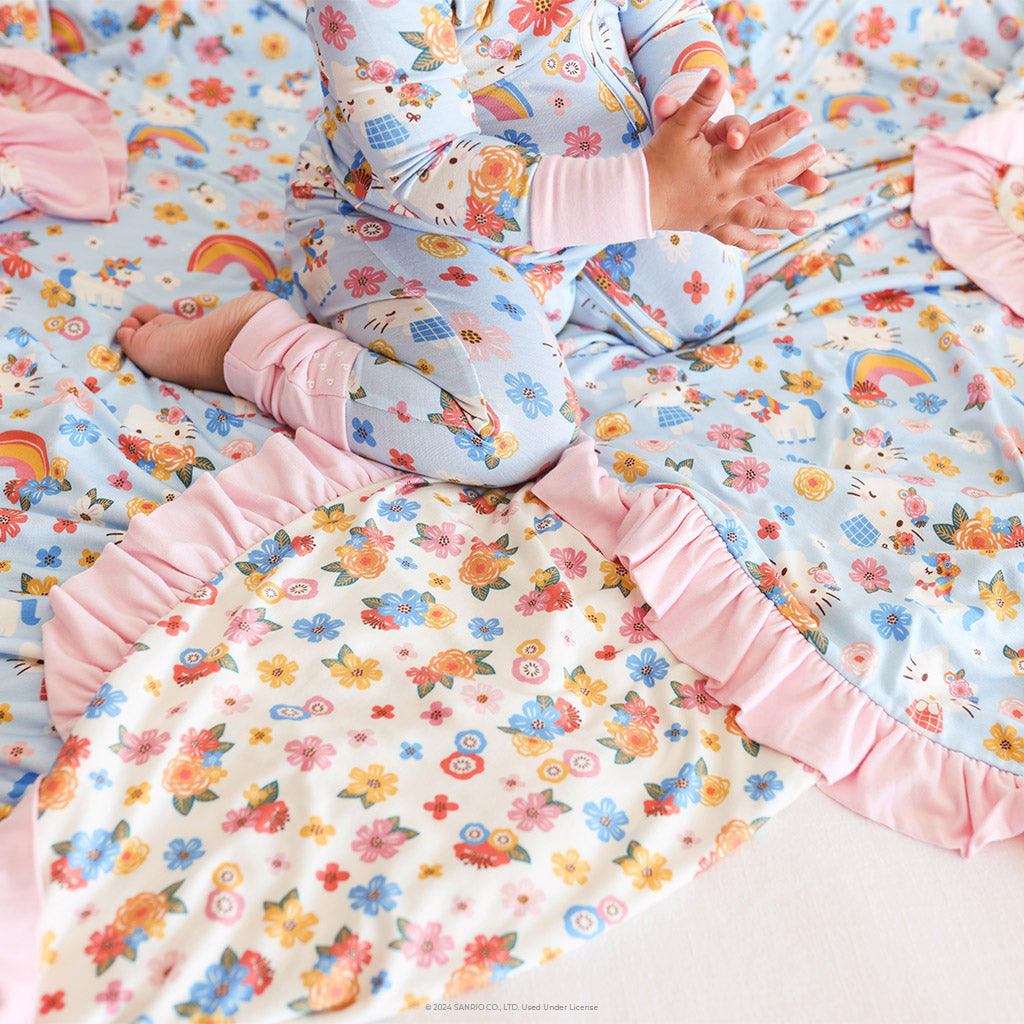Springtime Blue Hello Kitty® & Hello Kitty® Ditsy Floral Ruffled Luxe Patoo® Blanket