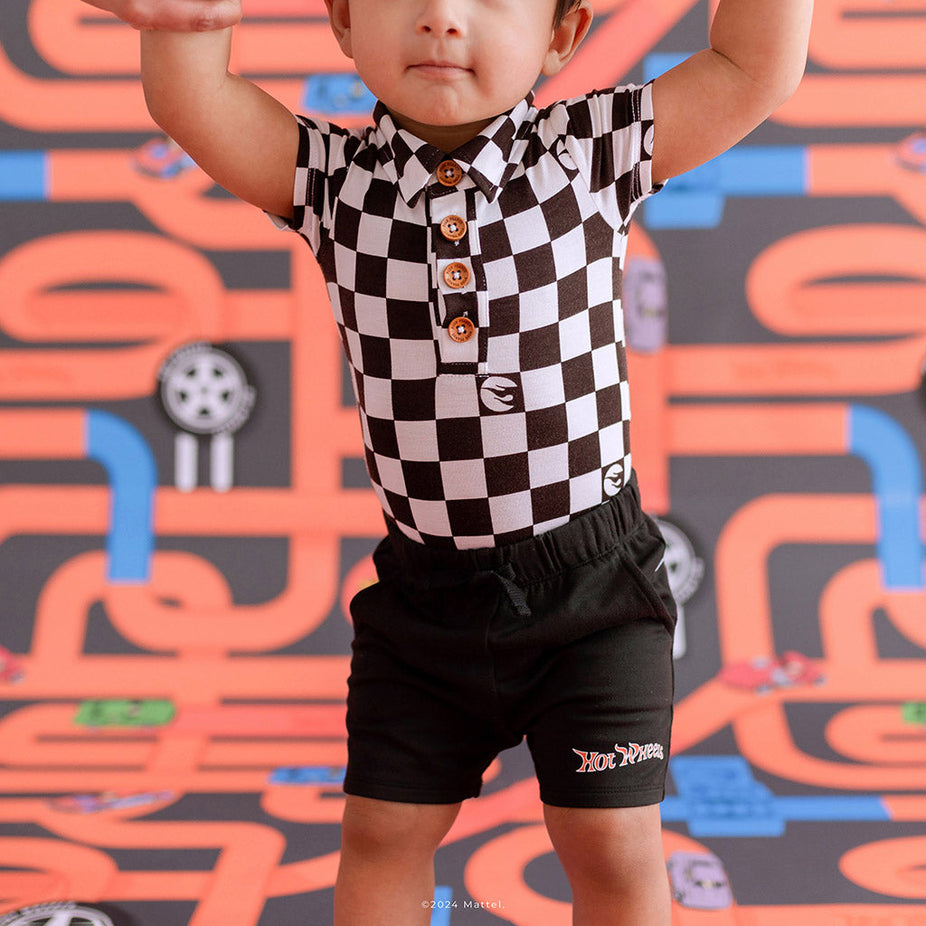 Hot Wheels™ Retro Checker Short Sleeve Collared Henley Bodysuit