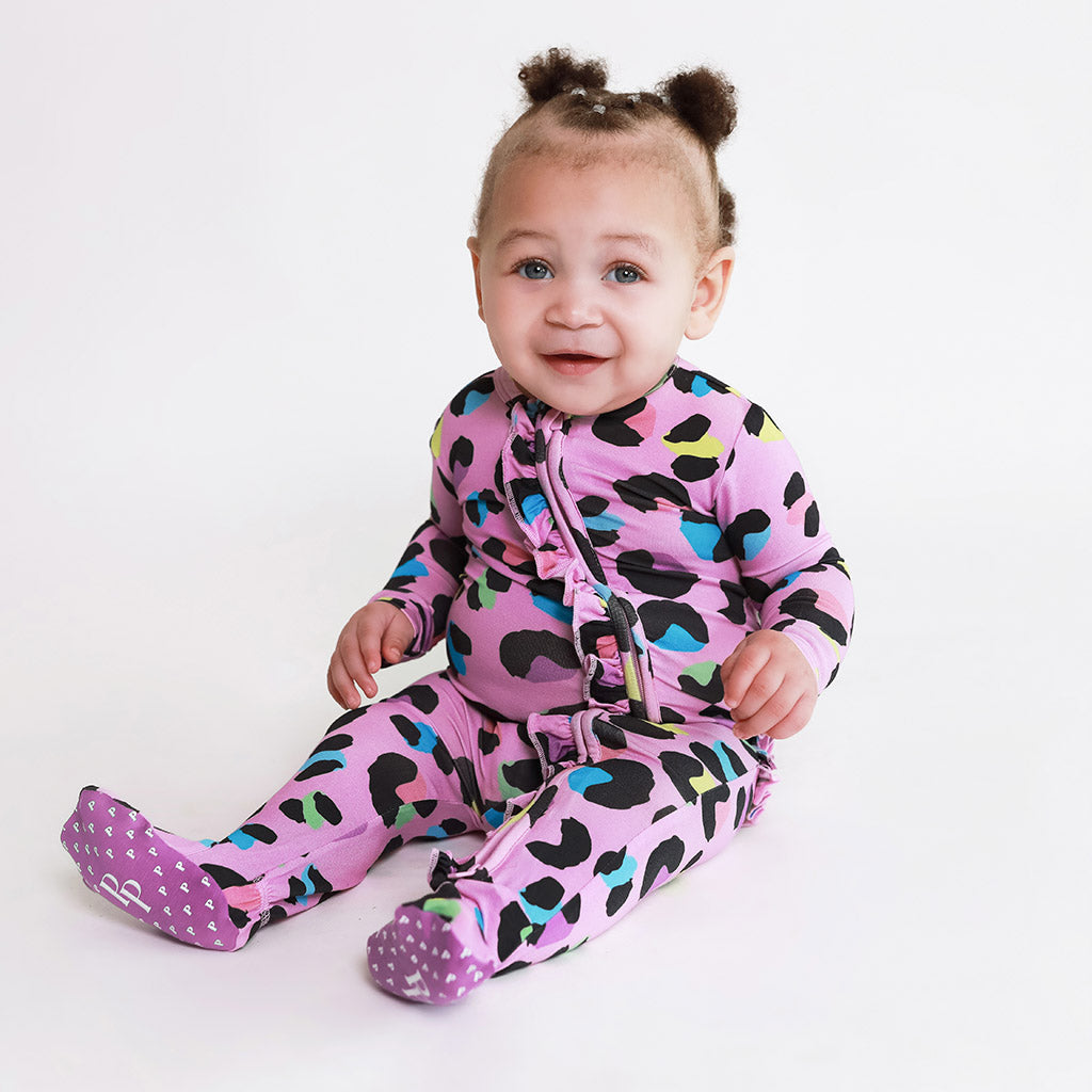 Electric Leopard Footie Ruffled Zippered One Piece