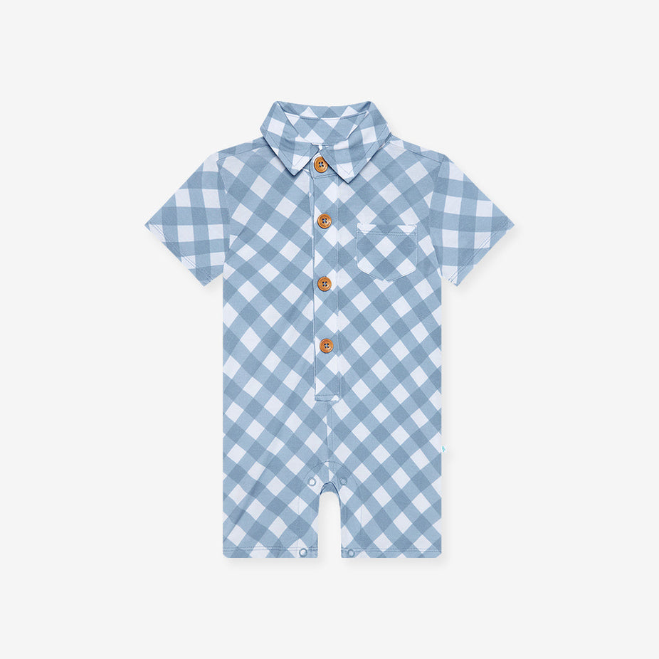 Dusty Blue Gingham Short Sleeve Collared Henley Shortall