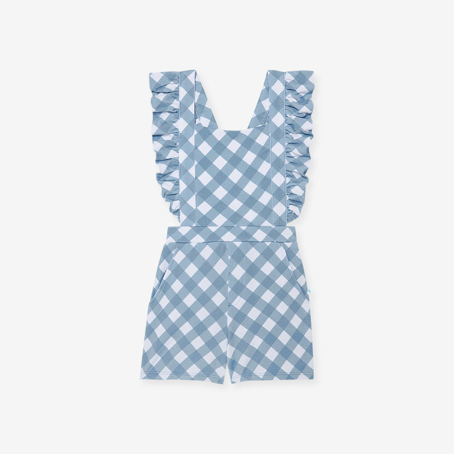 Dusty Blue Gingham French Terry Short Overalls