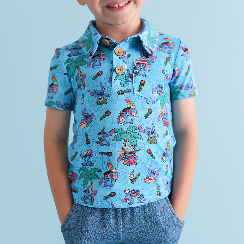 Disney Tropical Stitch Short Sleeve Collared Henley Top