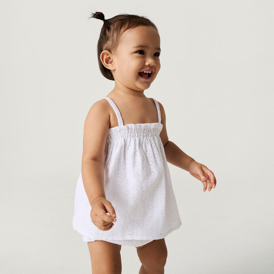 Optical White Eyelet Smocked Tank Bummie Set