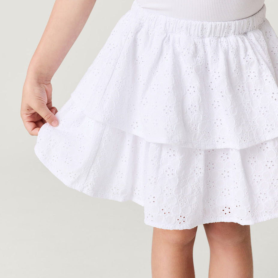 Optical White Eyelet Tiered Ruffled Skirt
