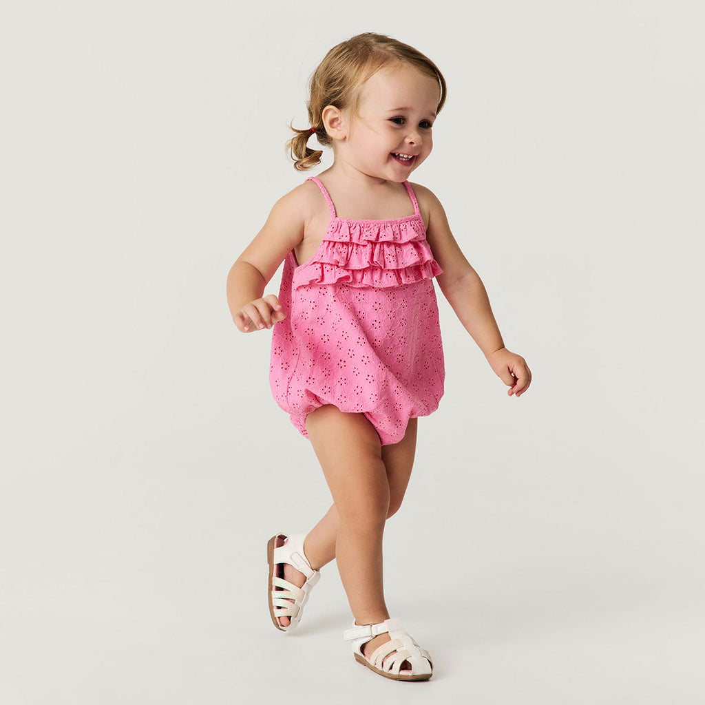 Aurora Pink Eyelet Ruffled Strappy Bubble Romper
