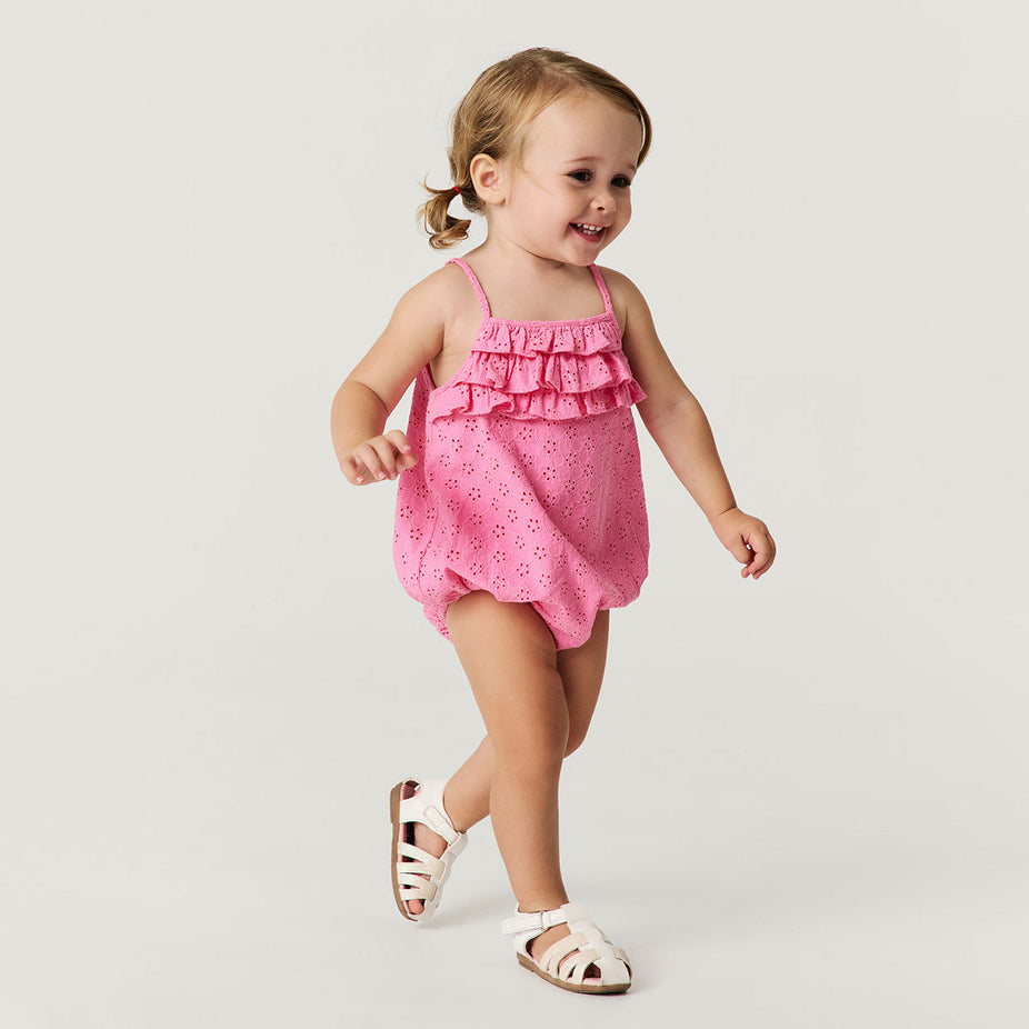 Aurora Pink Eyelet Ruffled Strappy Bubble Romper