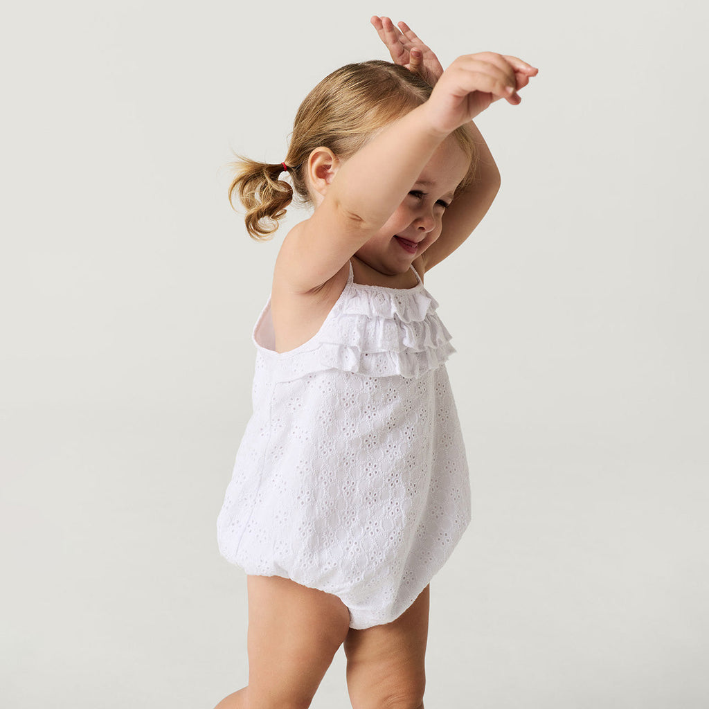 Optical White Eyelet Ruffled Strappy Bubble Romper