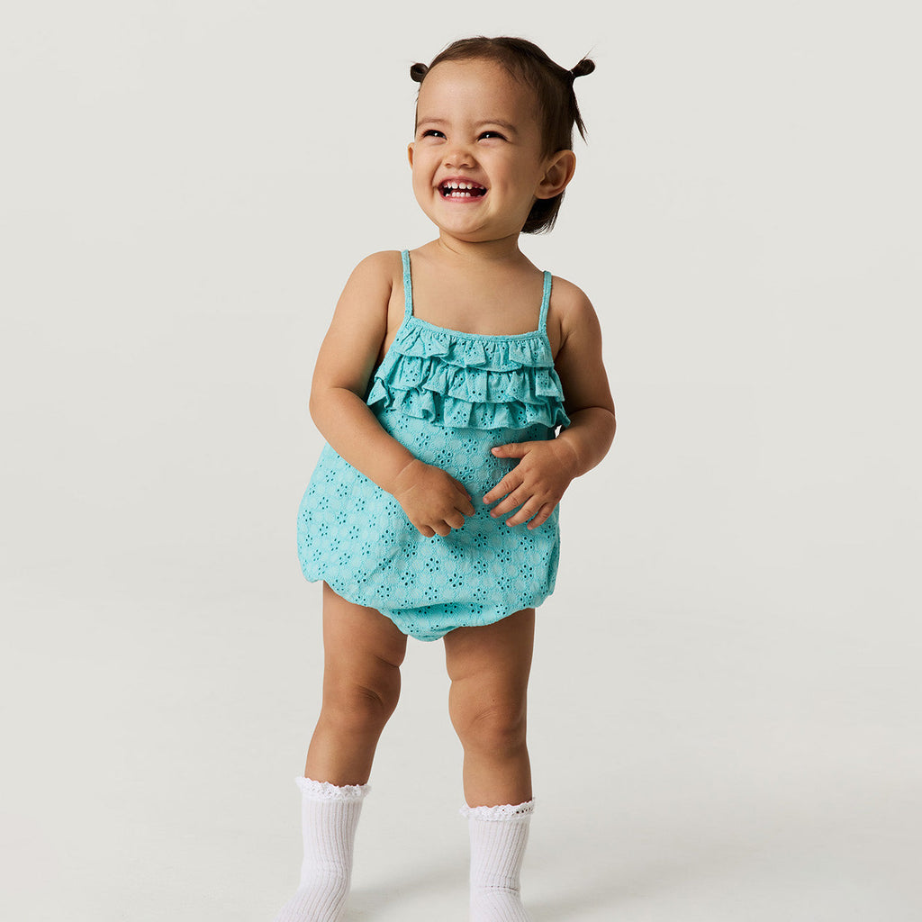 Tibetan Stone Eyelet Ruffled Strappy Bubble Romper