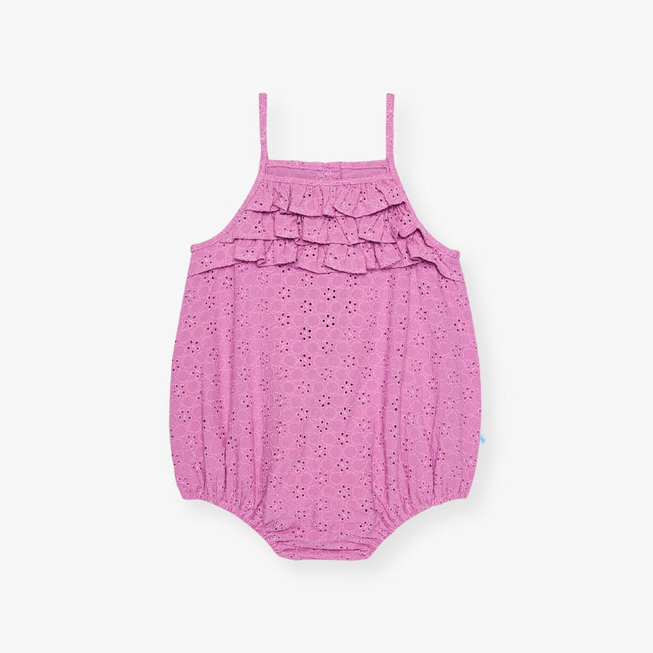 Violet Purple Eyelet Ruffled Strappy Bubble Romper