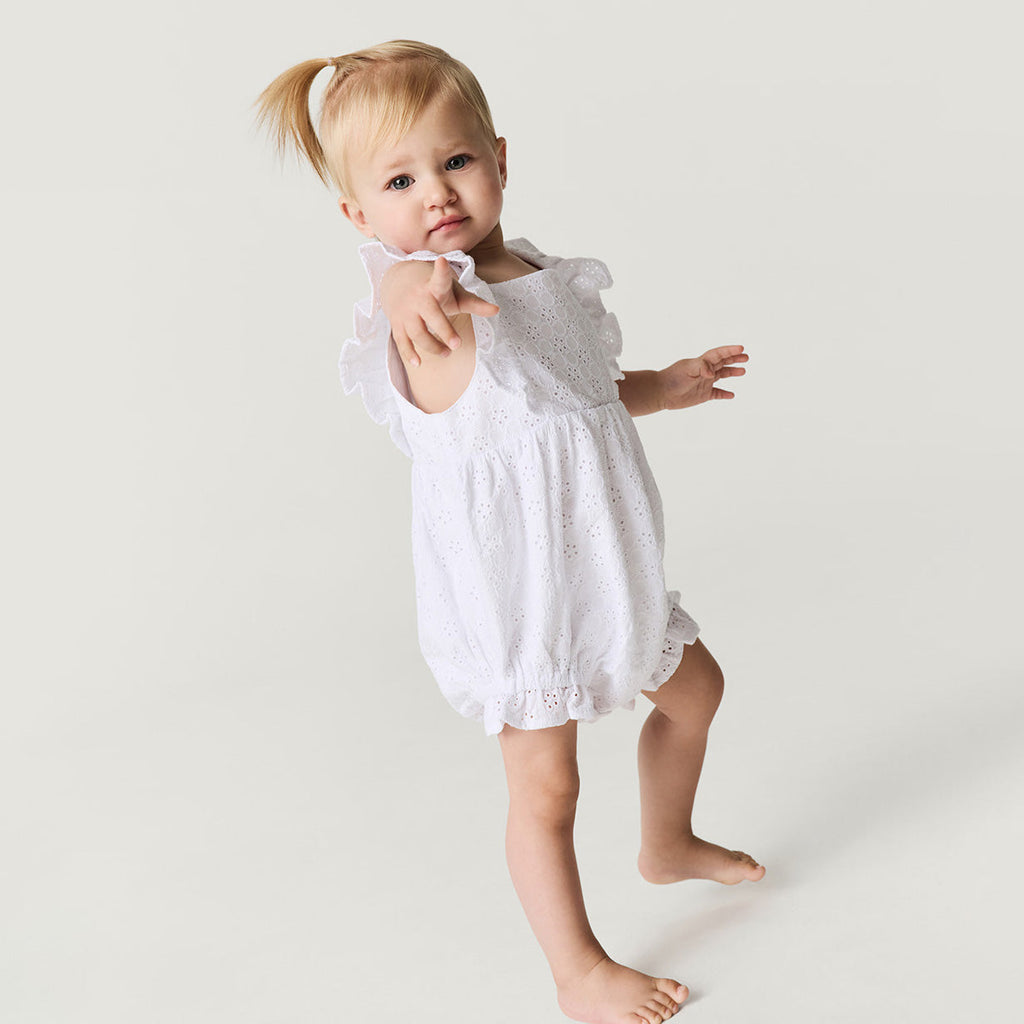 Optical White Eyelet Ruffled Bubble Romper