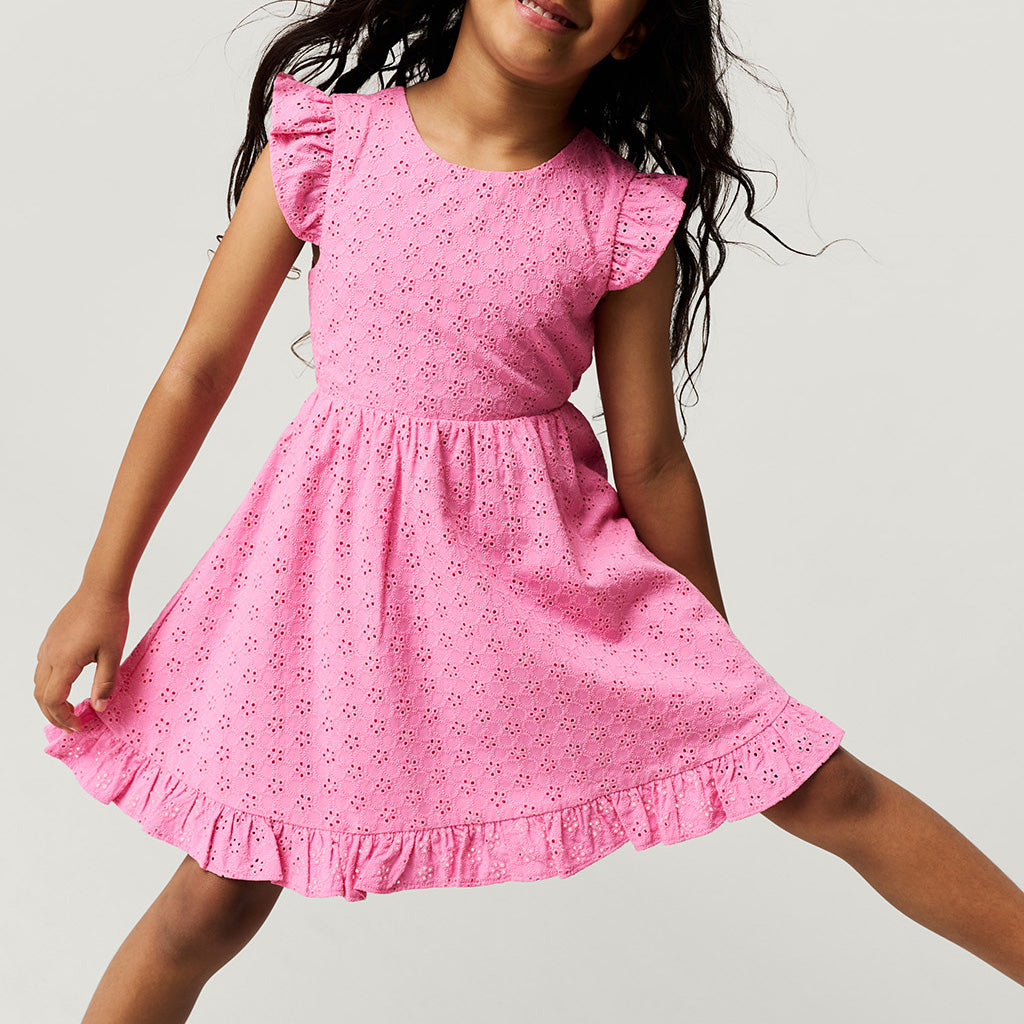 Aurora Pink Eyelet Tie Back Ruffled Twirl Dress