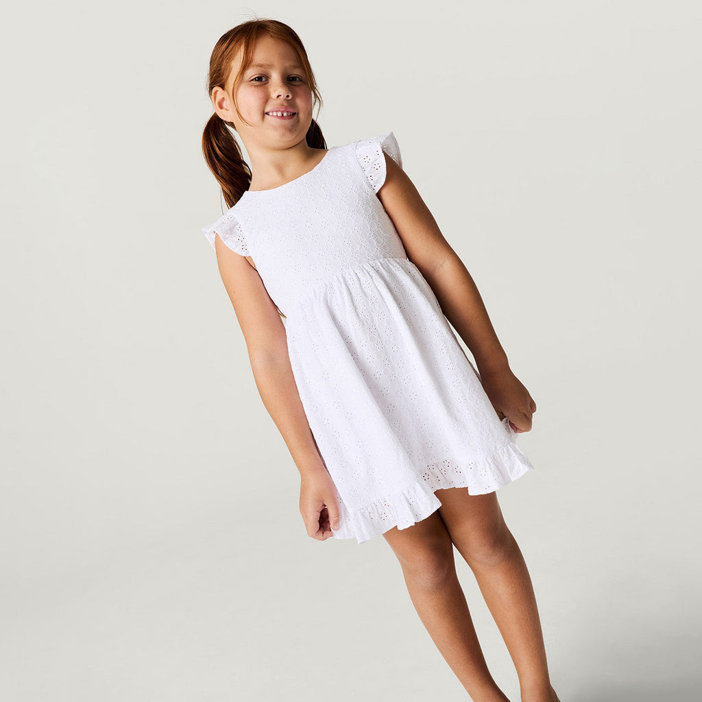 Optical White Eyelet Tie Back Ruffled Twirl Dress