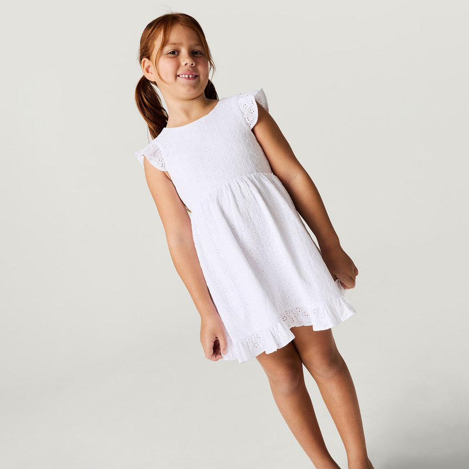 Optical White Eyelet Tie Back Ruffled Twirl Dress