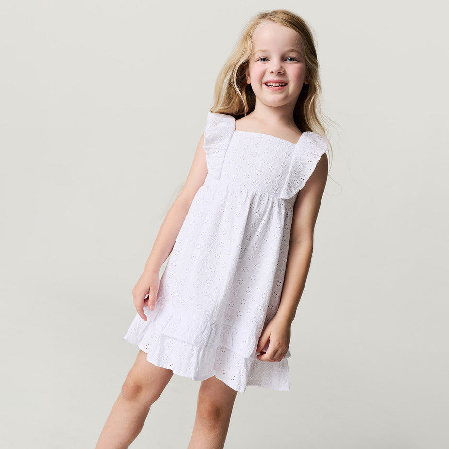 Optical White Eyelet Ruffled Dress