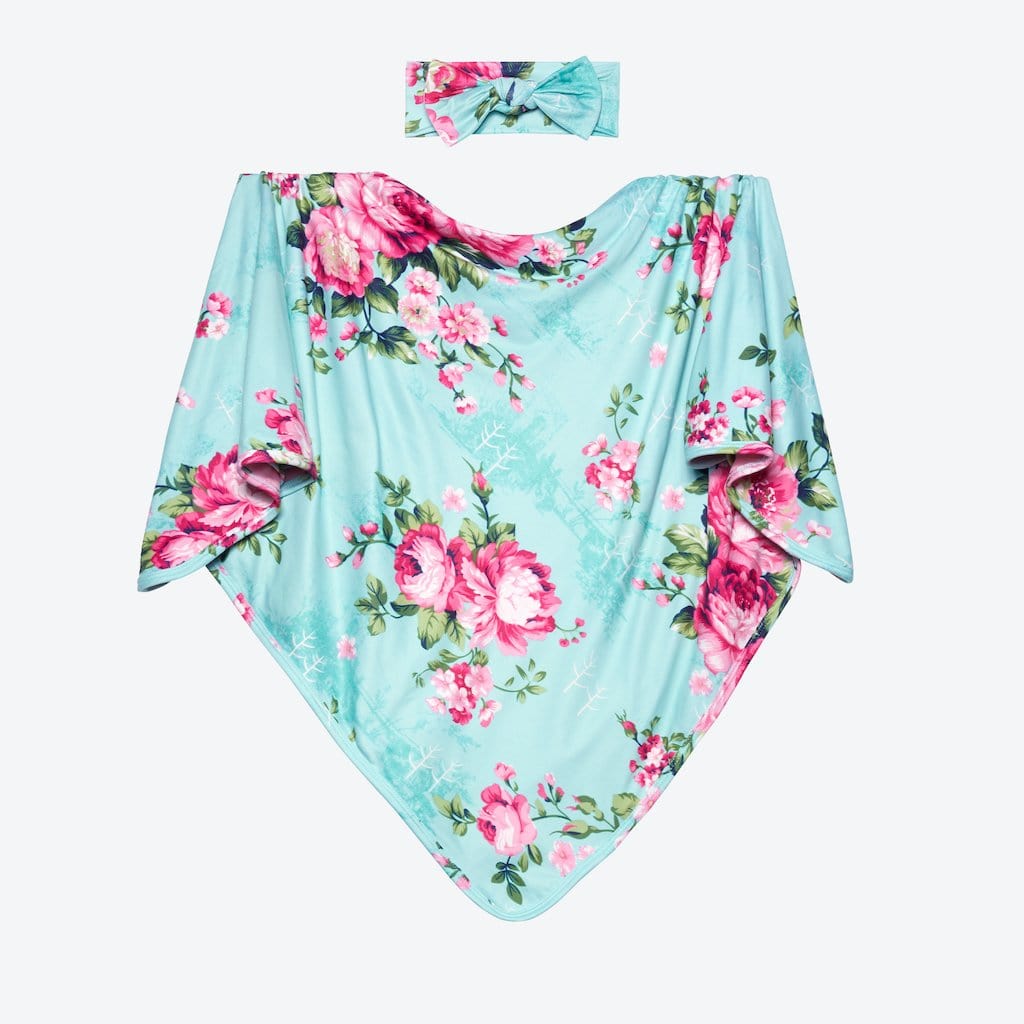 Aqua Floral Double Sided Swaddle Headband Set