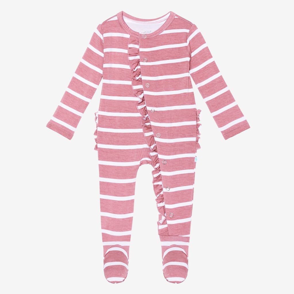 Blush Rose Stripe Footie Ruffled Snap One Piece