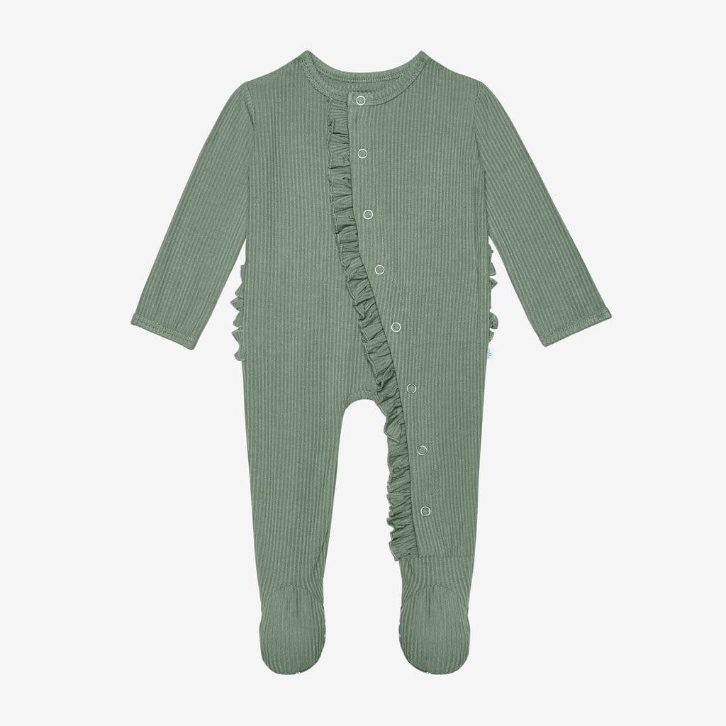 Dark Sage Ribbed Footie Ruffled Snap One Piece